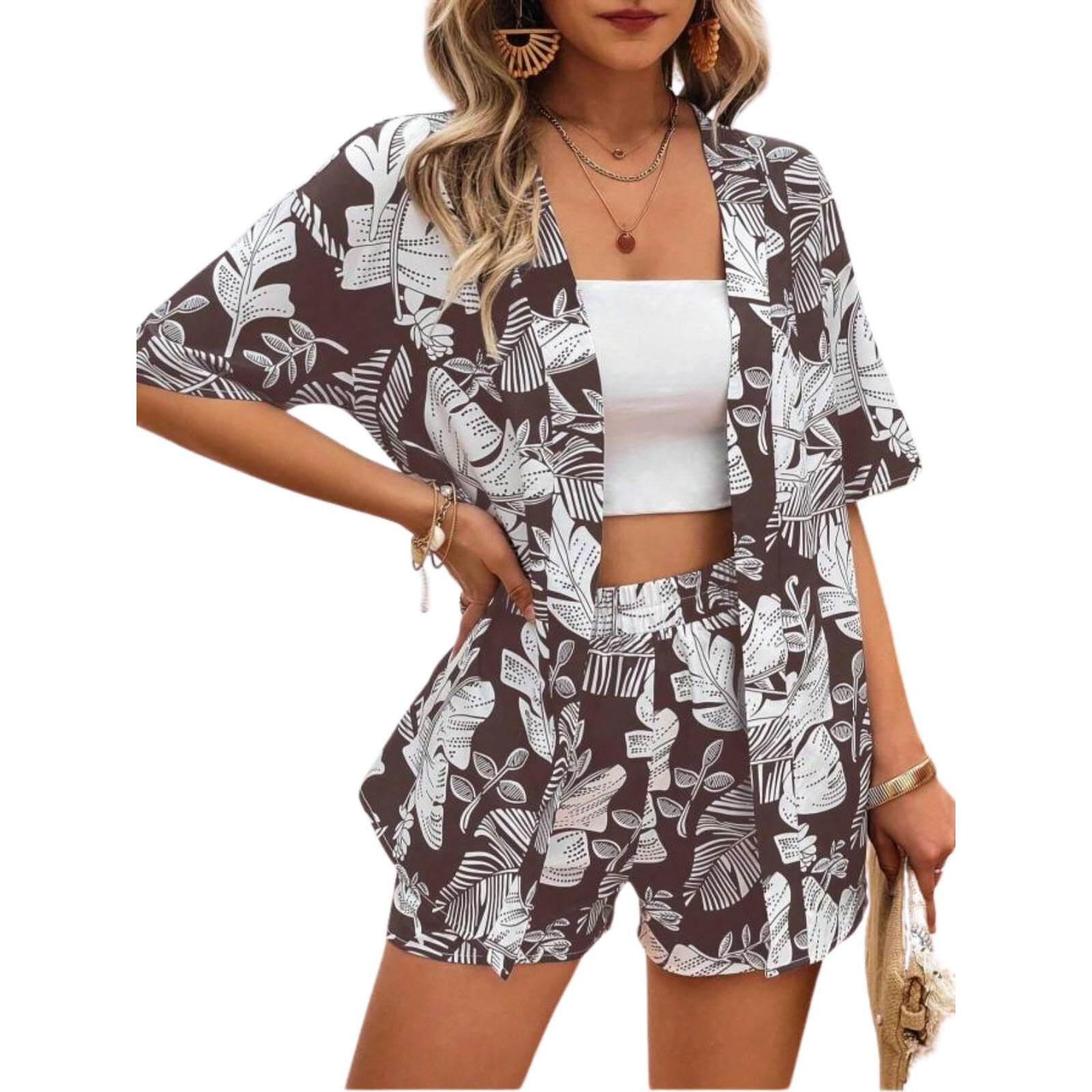 Greciilooks Women's Rayon Tropical Co-Ord Set  Kimono Sleeve Shirt With High Waist Shorts & Tube Top For Summer Beachwear (Gl-W2264&Sh301-L-Brown)