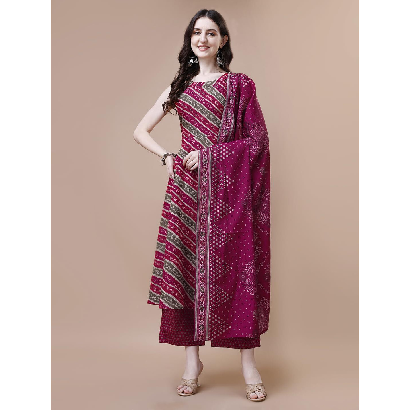 Pratham Blue Kurta Set For Women Cotton Blend Anarkali Printed Kurta Set For Women With Palazzos And Dupatta (Pb-6009-L_Pink)