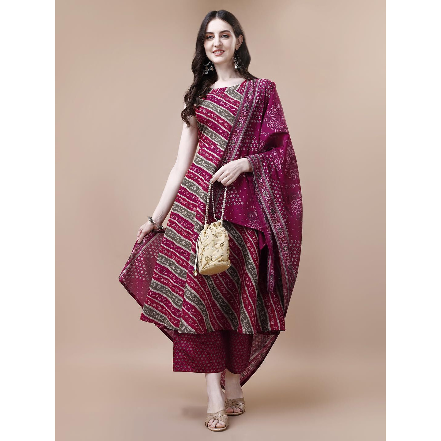 Pratham Blue Kurta Set For Women Cotton Blend Anarkali Printed Kurta Set For Women With Palazzos And Dupatta (Pb-6009-L_Pink)