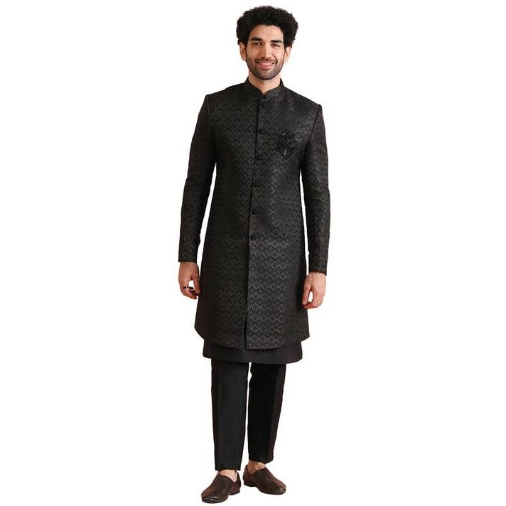 Kisah Mens Indo-Western Sherwani Trouser Set|Silk Blend Fabric Self Design Pattern Mens Sherwani Set|Regular Fit Mandarin Collar Long Sleeves, Black, 40