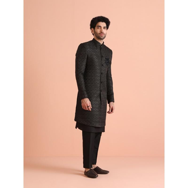 Kisah Mens Indo-Western Sherwani Trouser Set|Silk Blend Fabric Self Design Pattern Mens Sherwani Set|Regular Fit Mandarin Collar Long Sleeves, Black, 40