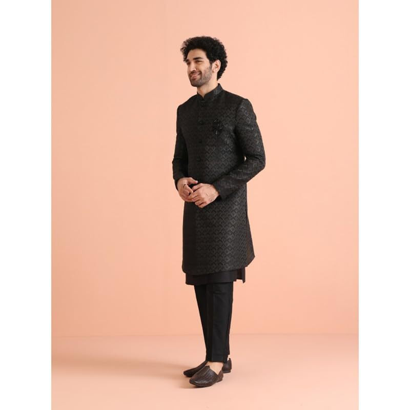 Kisah Mens Indo-Western Sherwani Trouser Set|Silk Blend Fabric Self Design Pattern Mens Sherwani Set|Regular Fit Mandarin Collar Long Sleeves, Black, 40