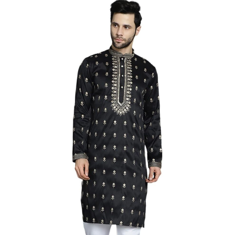Jompers Men's Black Chikankari Embroidered Kurtas (Black, Xl)