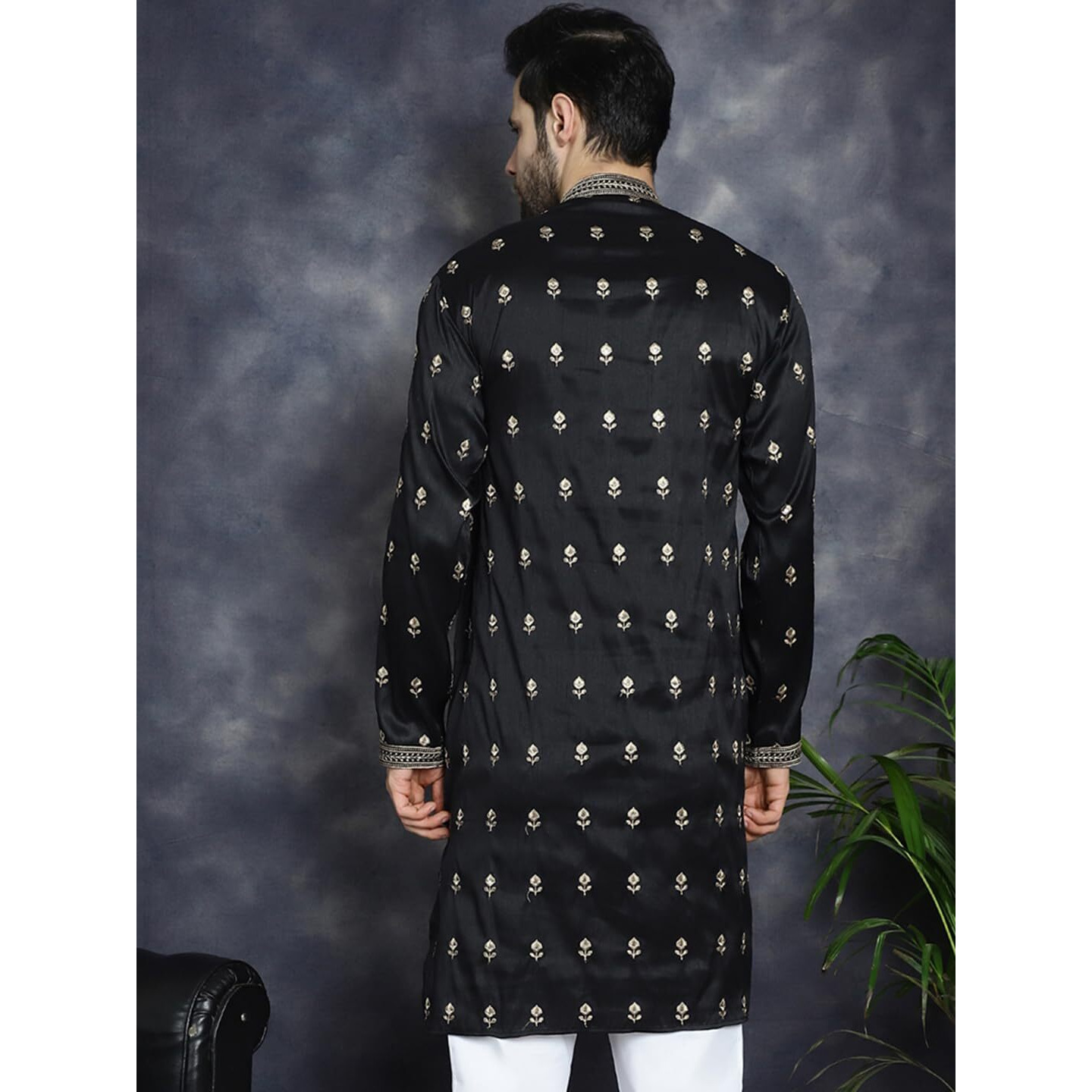 Jompers Men's Black Chikankari Embroidered Kurtas (Black, Xl)