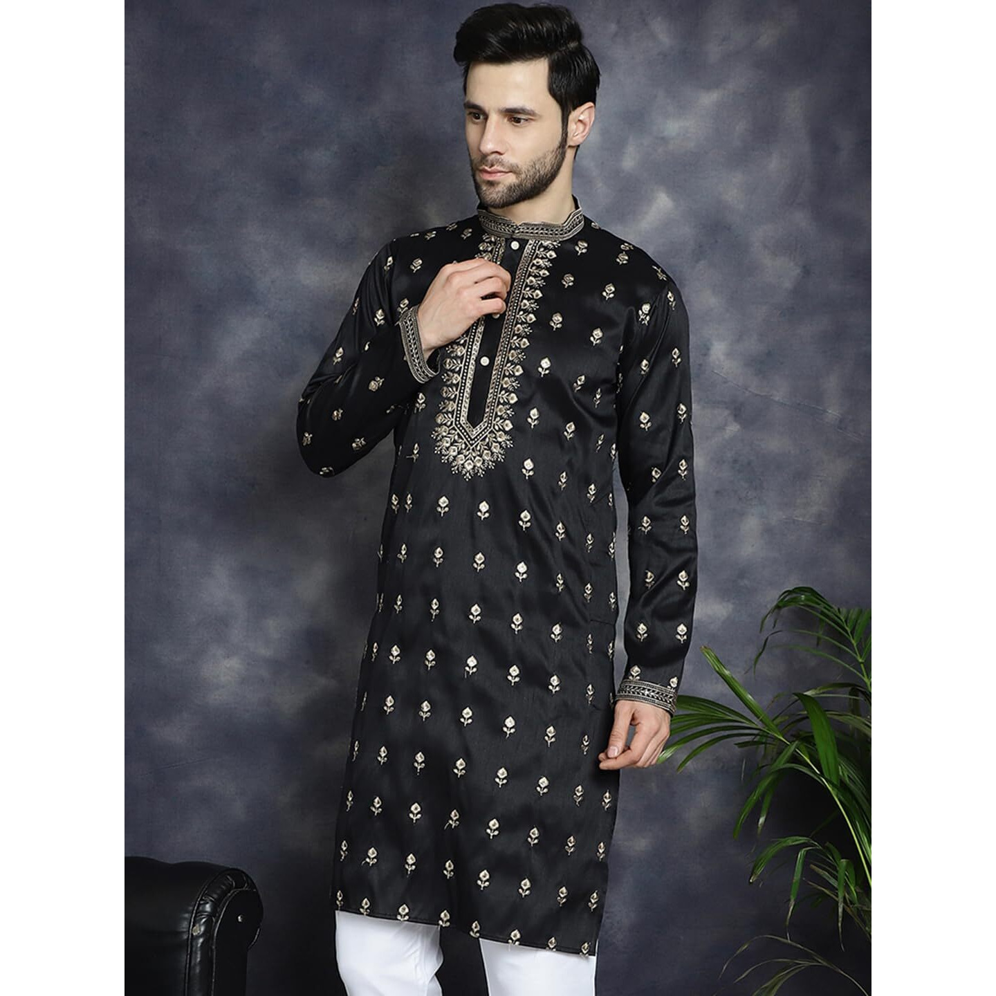 Jompers Men's Black Chikankari Embroidered Kurtas (Black, Xl)