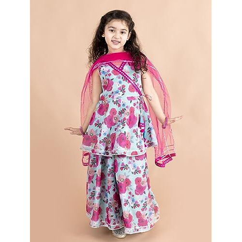 Pspeaches Girls Blue Floral Printed Angrakha Gotta Patti Pure Cotton Kurti With Sharara With Dupatta (Blue-7-8Y)