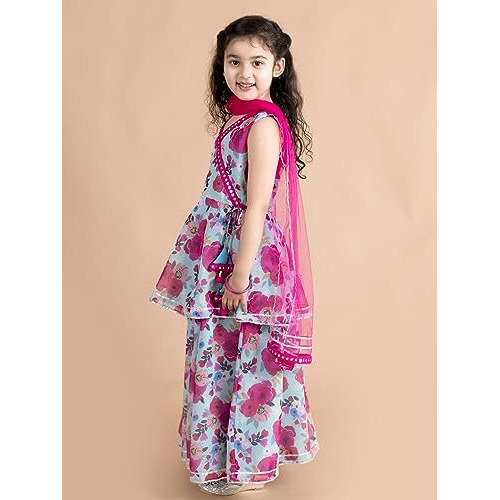 Pspeaches Girls Blue Floral Printed Angrakha Gotta Patti Pure Cotton Kurti With Sharara With Dupatta (Blue-7-8Y)