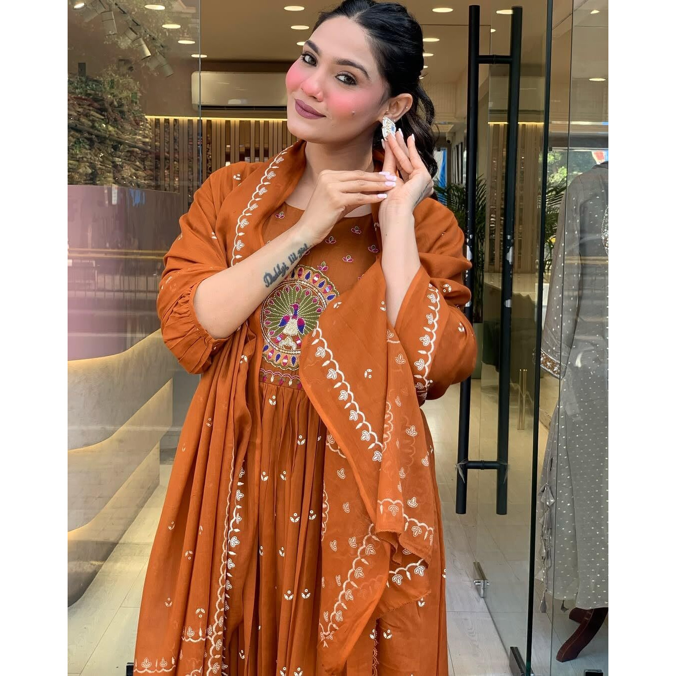 Klosia Women Printed Anarkali Kurta And Pant Set With Dupatta (In, Alpha, M, Rust)