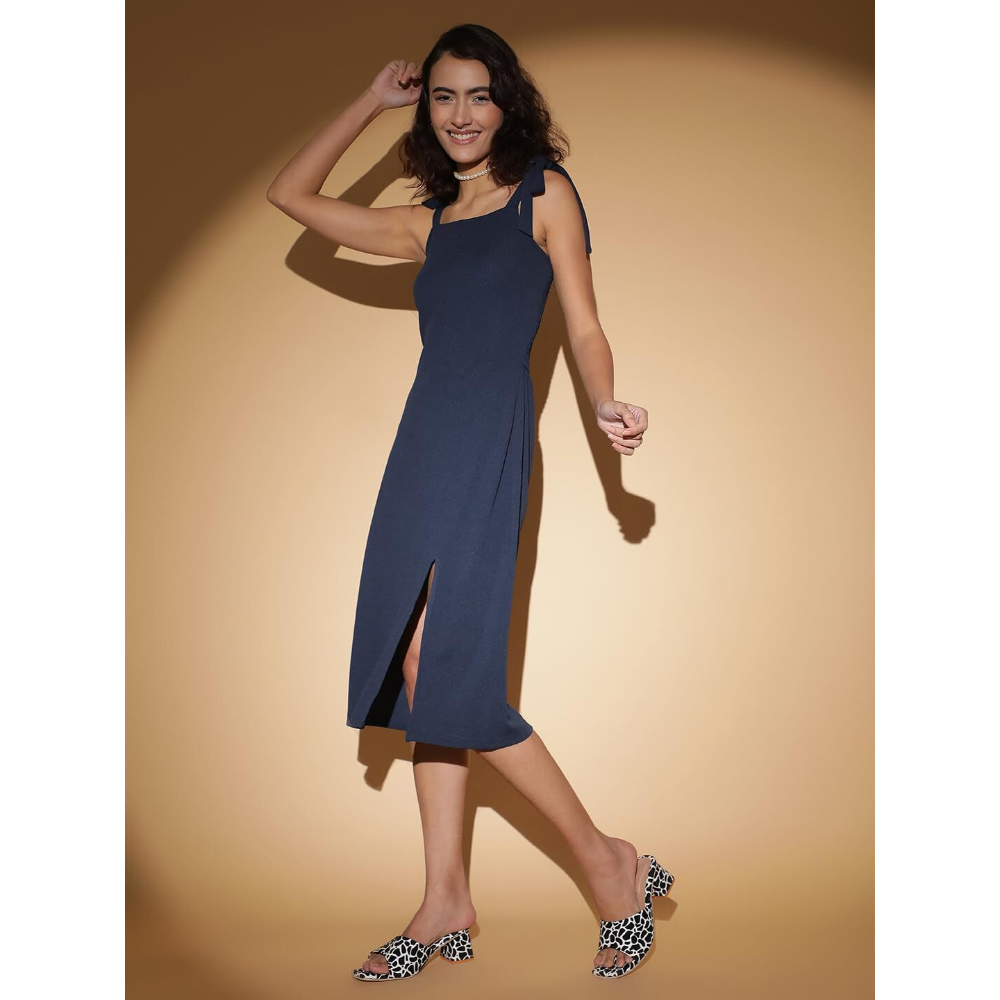Kotty Women's Shoulder Straps A-Line Midi Dress(Blue,S)