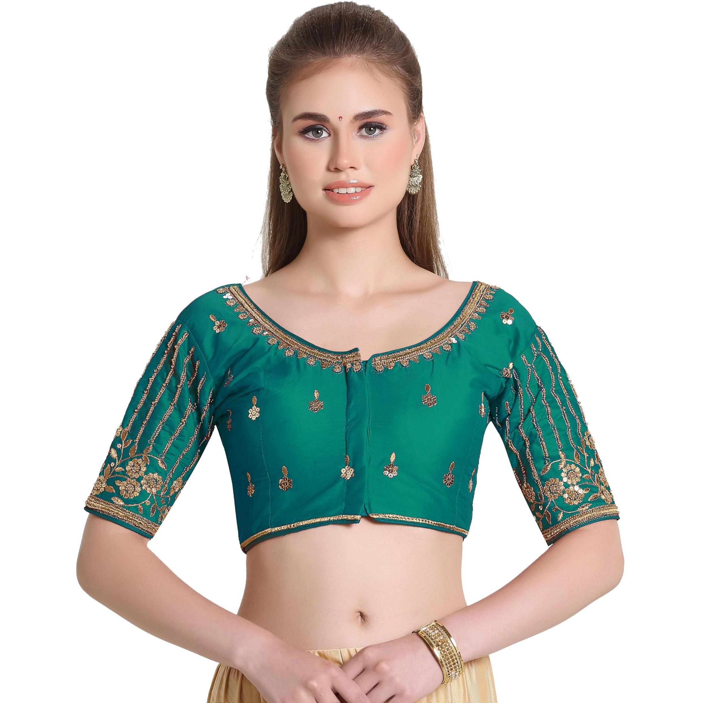 Pujia Mills Women's Readymade Bridal Embroidery Blouse Multi Coding Maggam Work Moti Work Indian Ethnic Designer Stitched Readymade Saree Half Sleeve Rama Blouse For Women For Saree Lehenga Choli