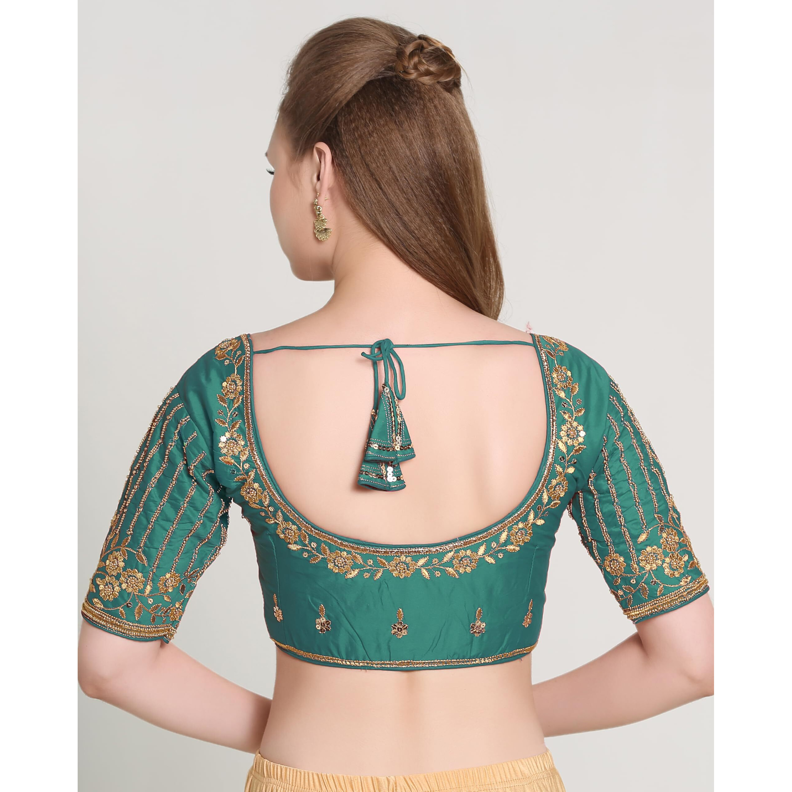 Pujia Mills Women's Readymade Bridal Embroidery Blouse Multi Coding Maggam Work Moti Work Indian Ethnic Designer Stitched Readymade Saree Half Sleeve Rama Blouse For Women For Saree Lehenga Choli