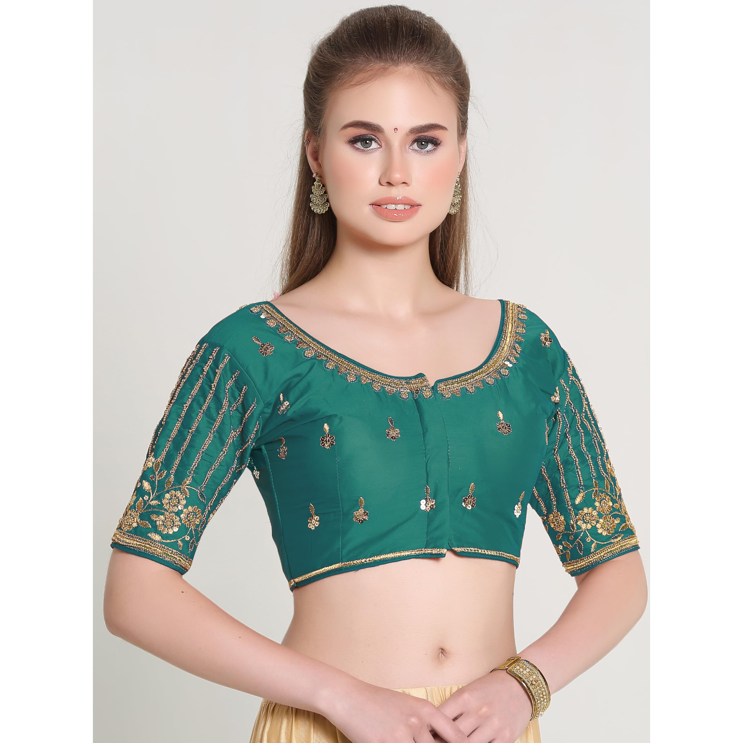 Pujia Mills Women's Readymade Bridal Embroidery Blouse Multi Coding Maggam Work Moti Work Indian Ethnic Designer Stitched Readymade Saree Half Sleeve Rama Blouse For Women For Saree Lehenga Choli
