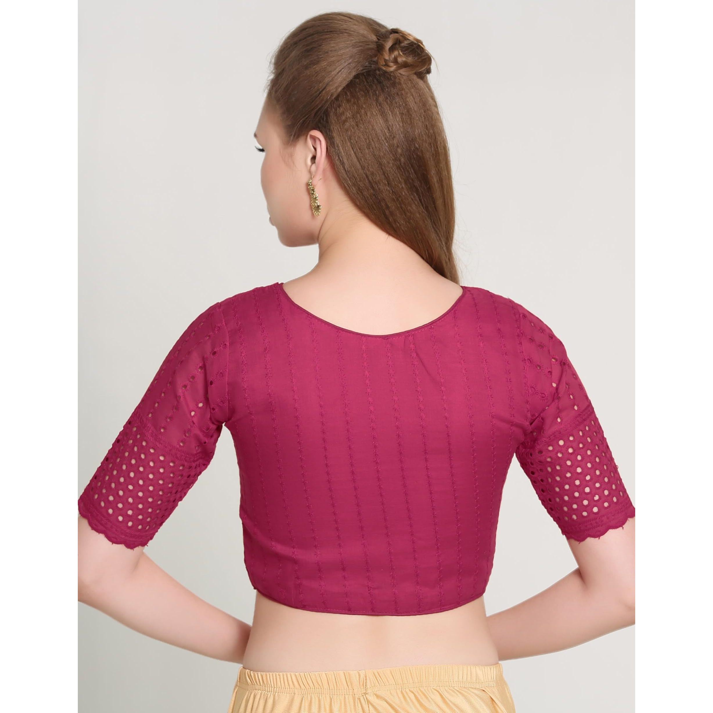 Pujia Mills Women's Trendy Hakoba Chikankari Work Half Sleeve Pink Saree Blouse (Hakoba 13 Pink_38)