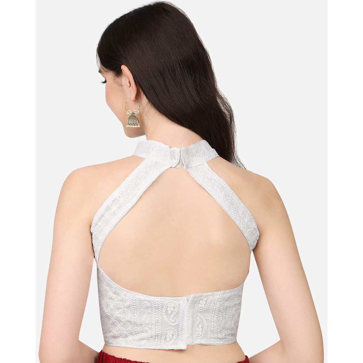 Pujia Mills Women's Halter Neck Chickankari Work Readymade Saree Blouse (Halter Neck_White_38)