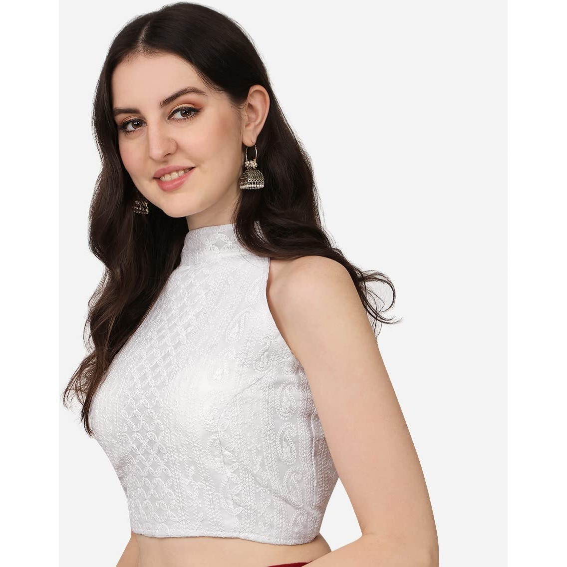 Pujia Mills Women's Halter Neck Chickankari Work Readymade Saree Blouse (Halter Neck_White_38)