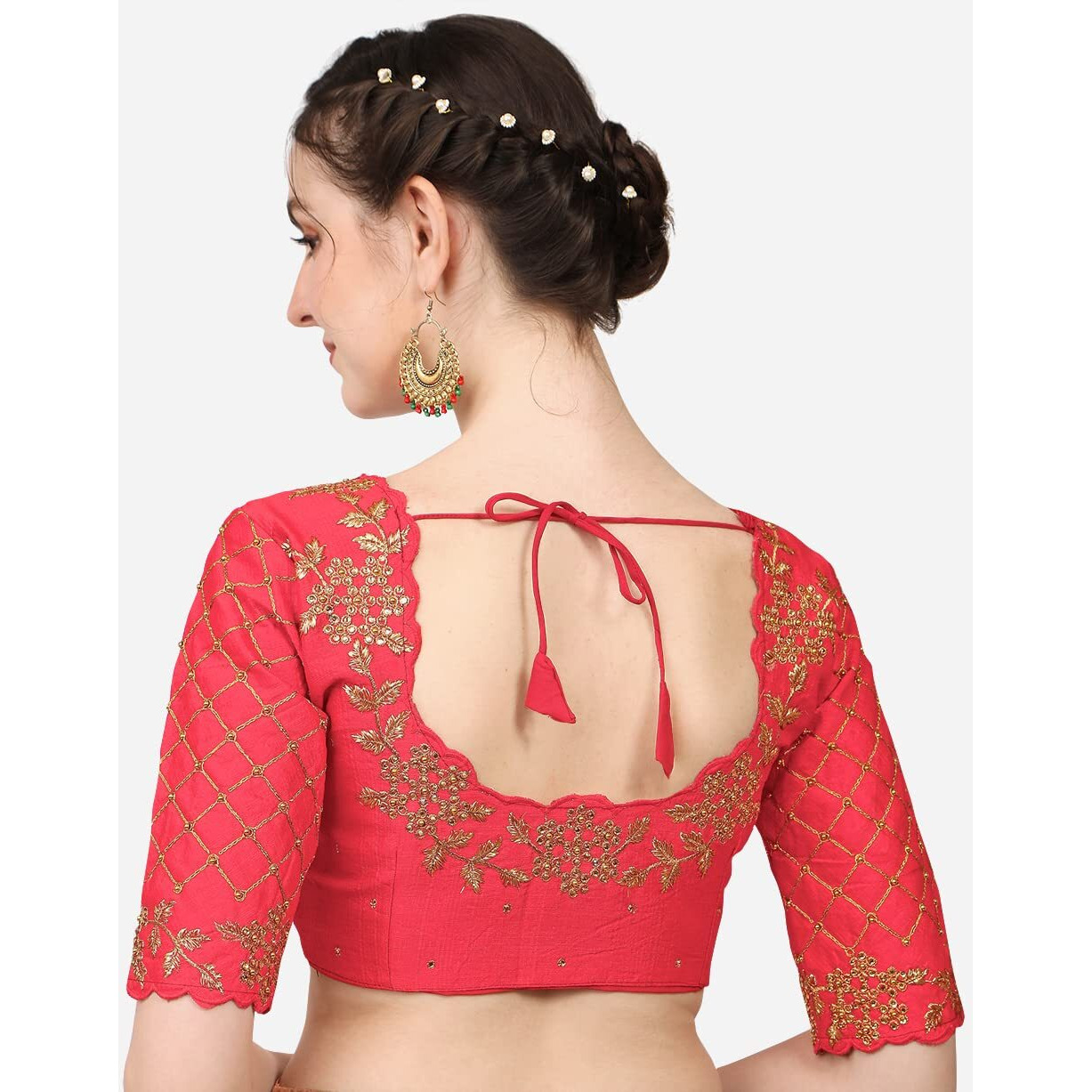 Pujia Mills Women's Embroidery Handwork, Rough Cut Work Stone Work Readymade Blouse (32, Gajari)