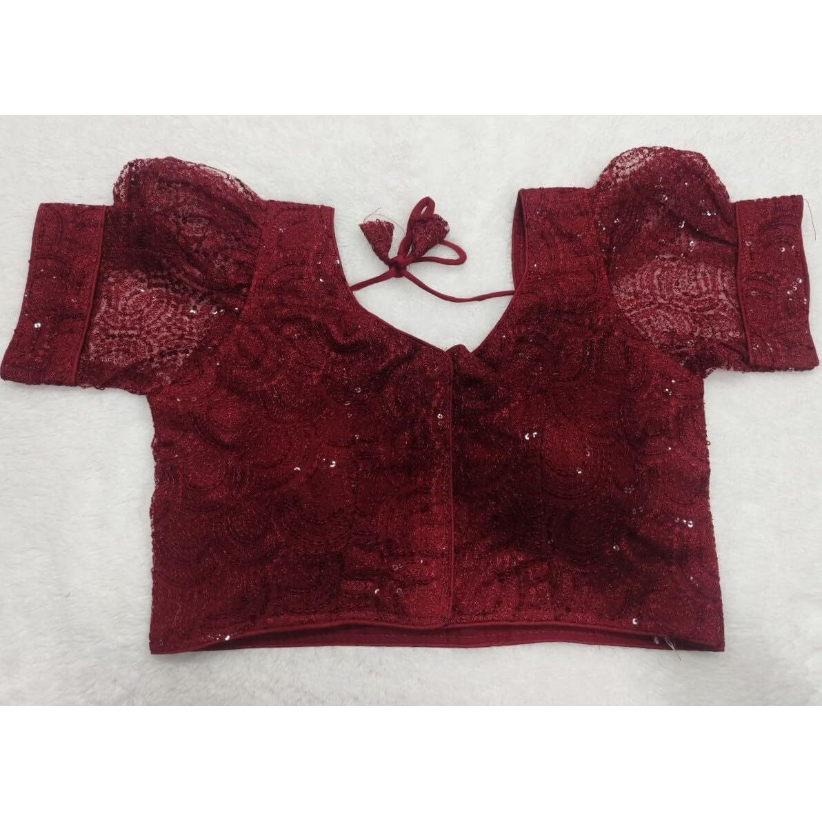 Pujia Mills Womens Readymade Indian Ethnic Designer Stitched Women's Blouse Net Chiken Shifli Sequence Embroidery Work Blouse Fancy Puff Sleeve Maroon Blouse Schhiffli Fabric Saree Blouse For Choli
