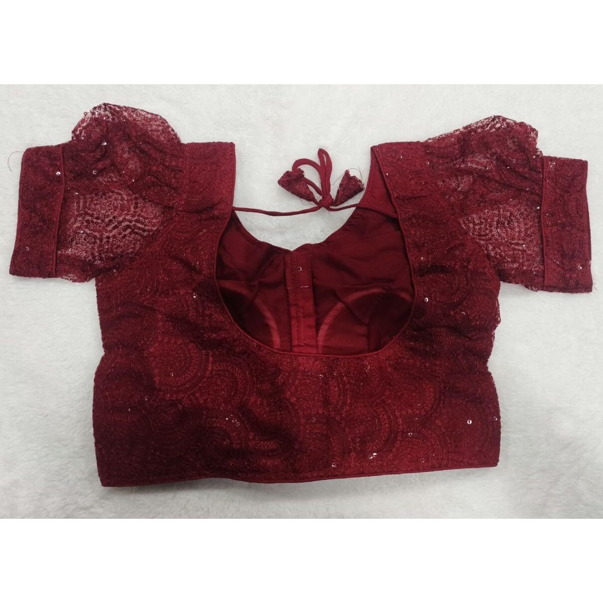 Pujia Mills Womens Readymade Indian Ethnic Designer Stitched Women's Blouse Net Chiken Shifli Sequence Embroidery Work Blouse Fancy Puff Sleeve Maroon Blouse Schhiffli Fabric Saree Blouse For Choli