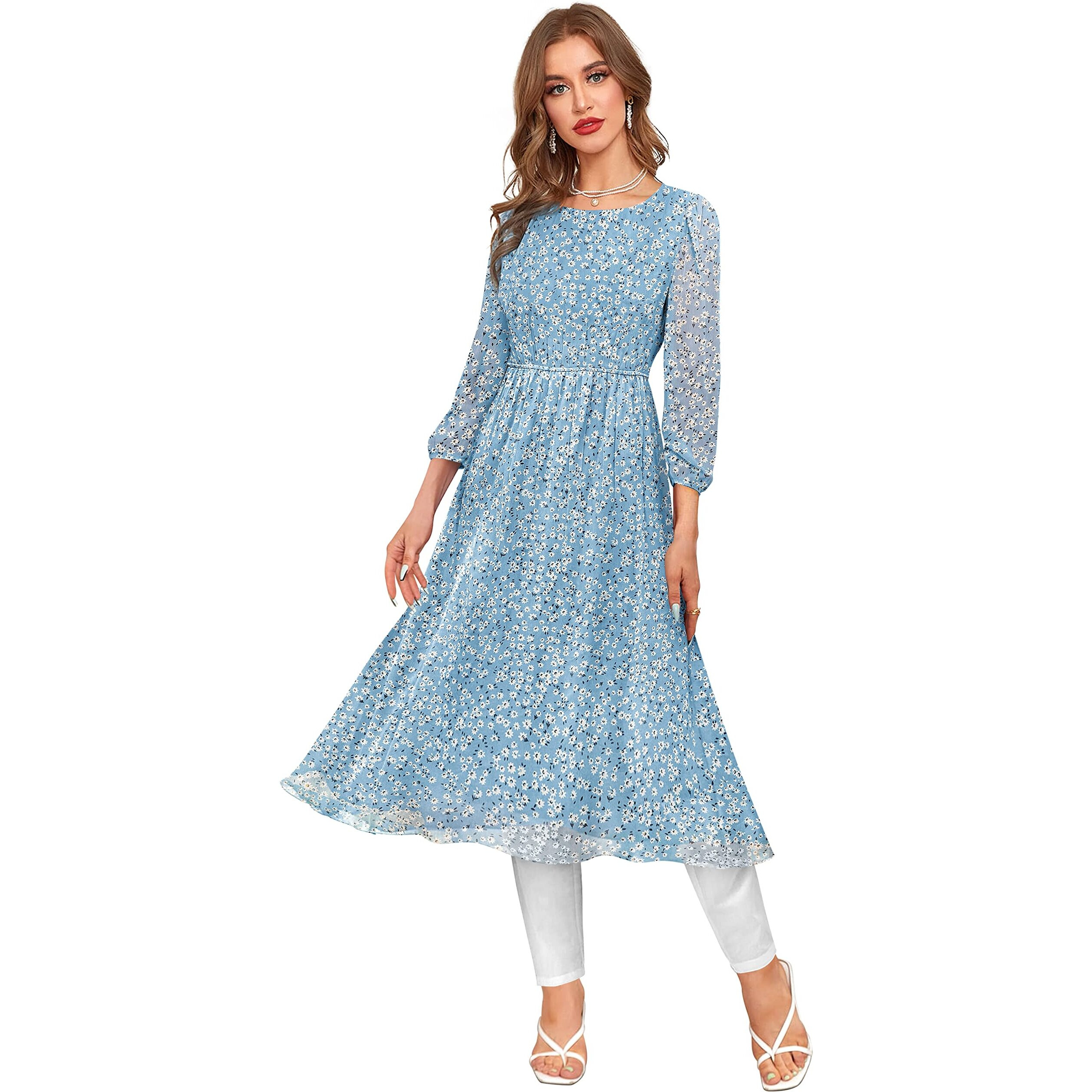 Toochki Women's Sky Blue Georgette Floral Fit & Flared Regular Fit