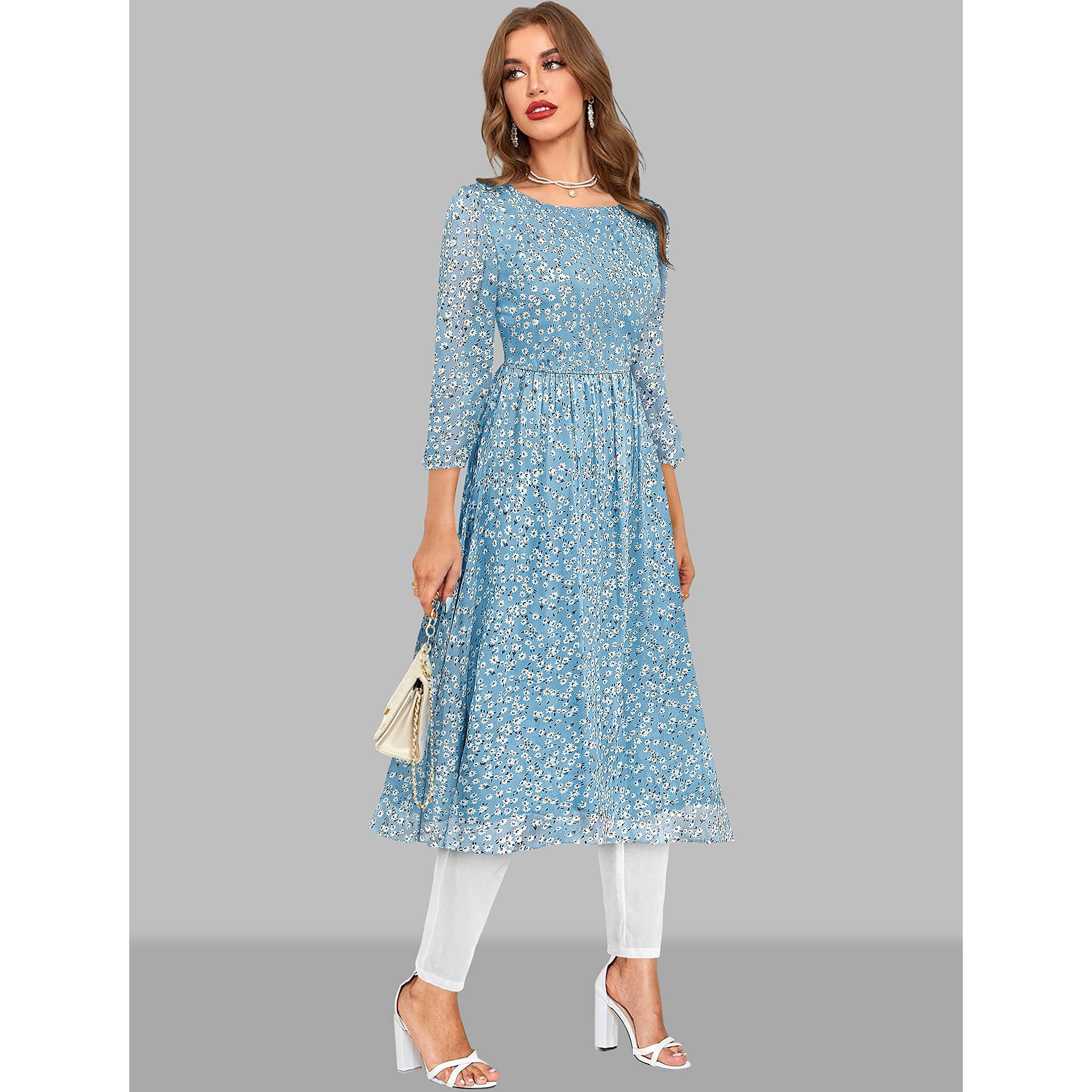 Toochki Women's Sky Blue Georgette Floral Fit & Flared Regular Fit