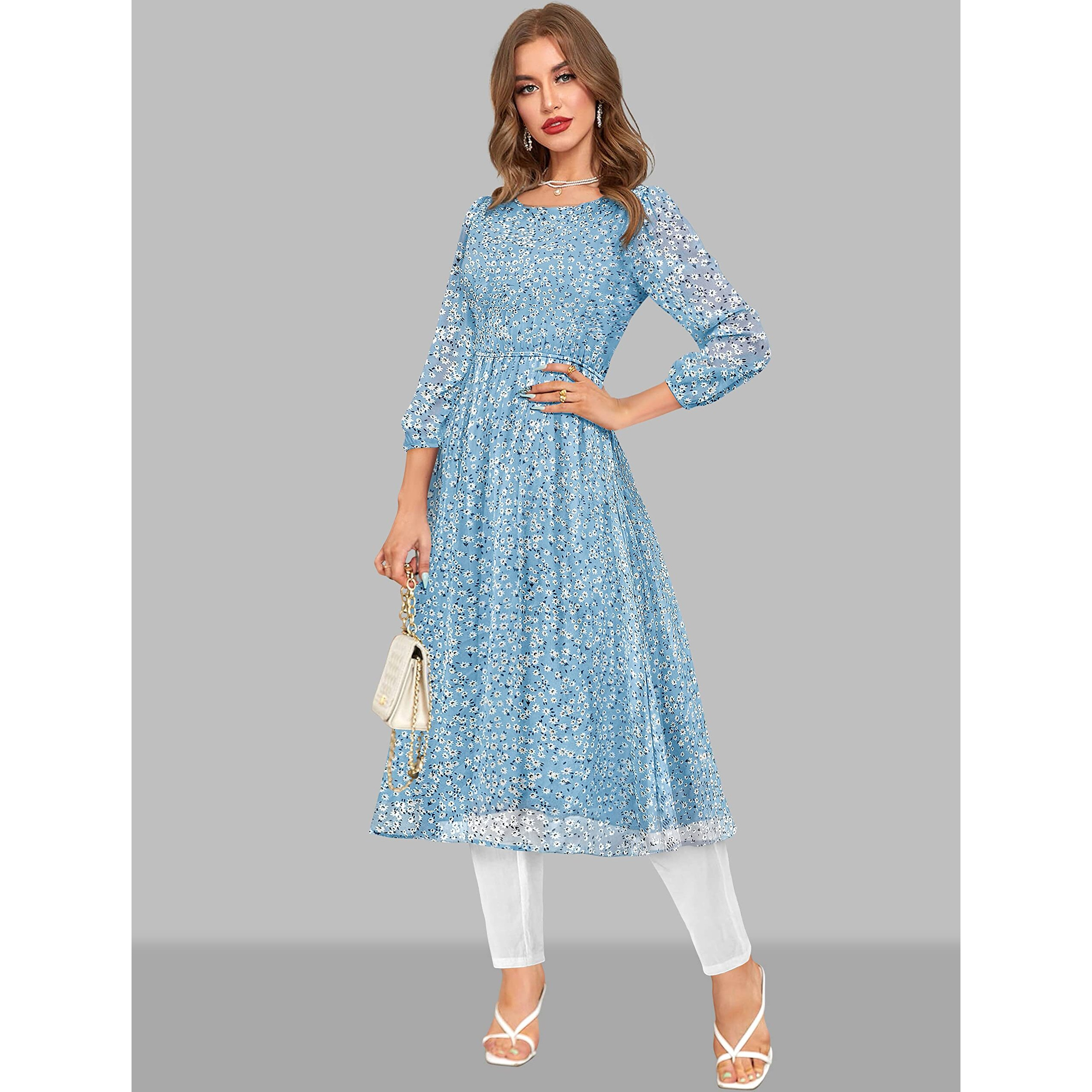 Toochki Women's Sky Blue Georgette Floral Fit & Flared Regular Fit