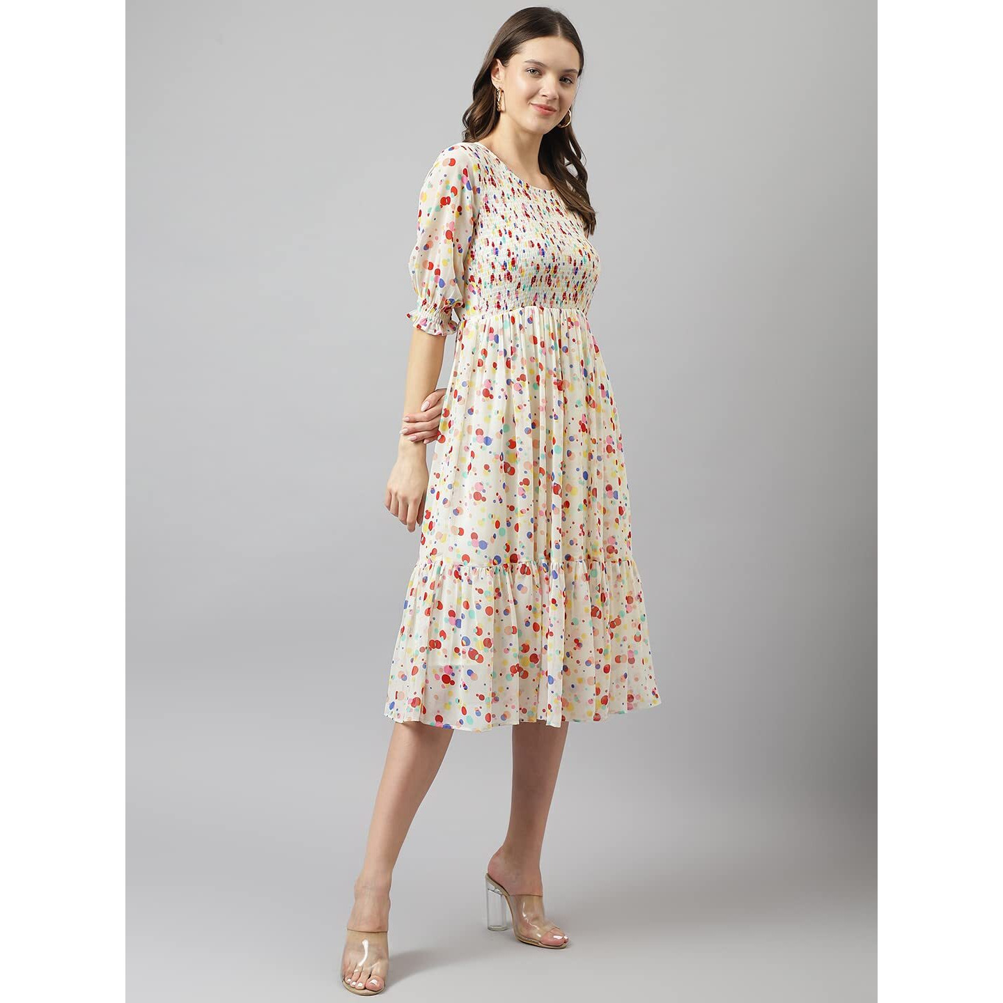 Toochki Women's White Georgette Polka Dot Tiered Western Dress | Dress For Women | A Line Dress | Winter Dress | Western Dress | Latest Women Dress | Trendy Dress | Midi Dress