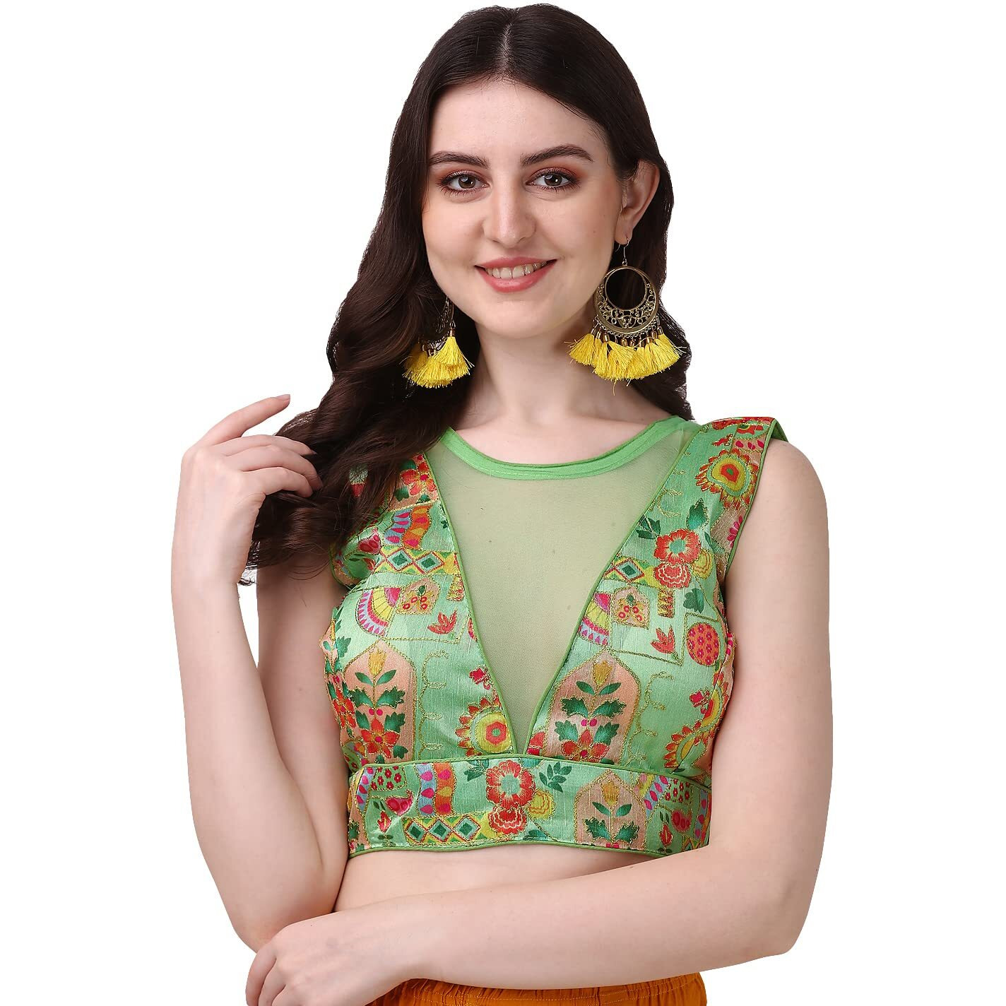 Pujia Mills Women's Phanotm Silk Floral Sleeveless Saree Blouse (Pp 4_Pista_38)