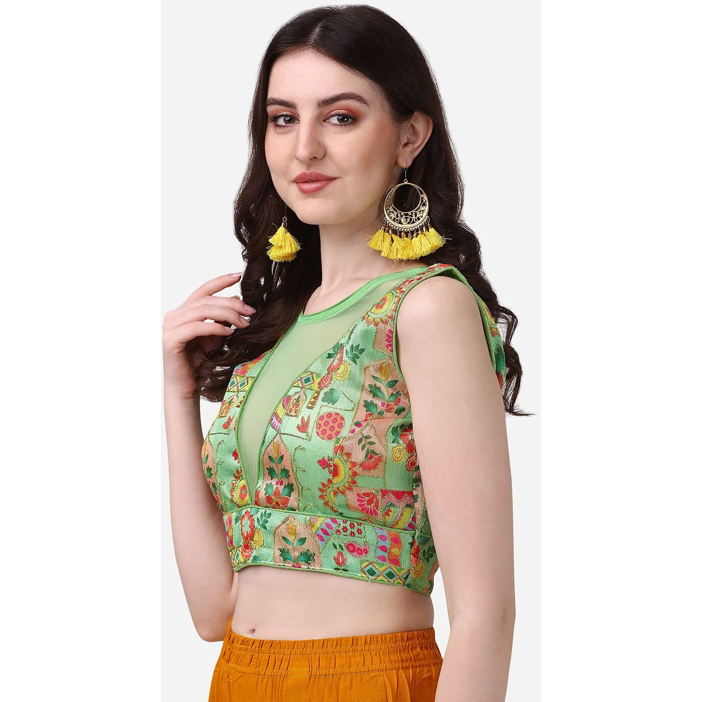 Pujia Mills Women's Phanotm Silk Floral Sleeveless Saree Blouse (Pp 4_Pista_38)