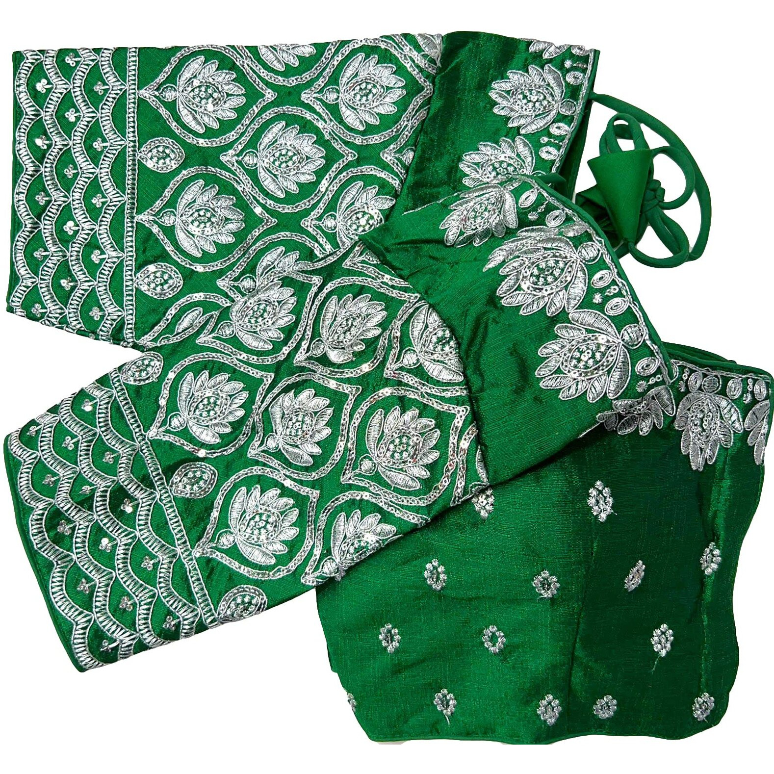 Pujia Mills Women's Silk Silver Embroidery Sequins Coding Work Half Sleeeve Readymade Saree Blouse (Gokul_Green_38)