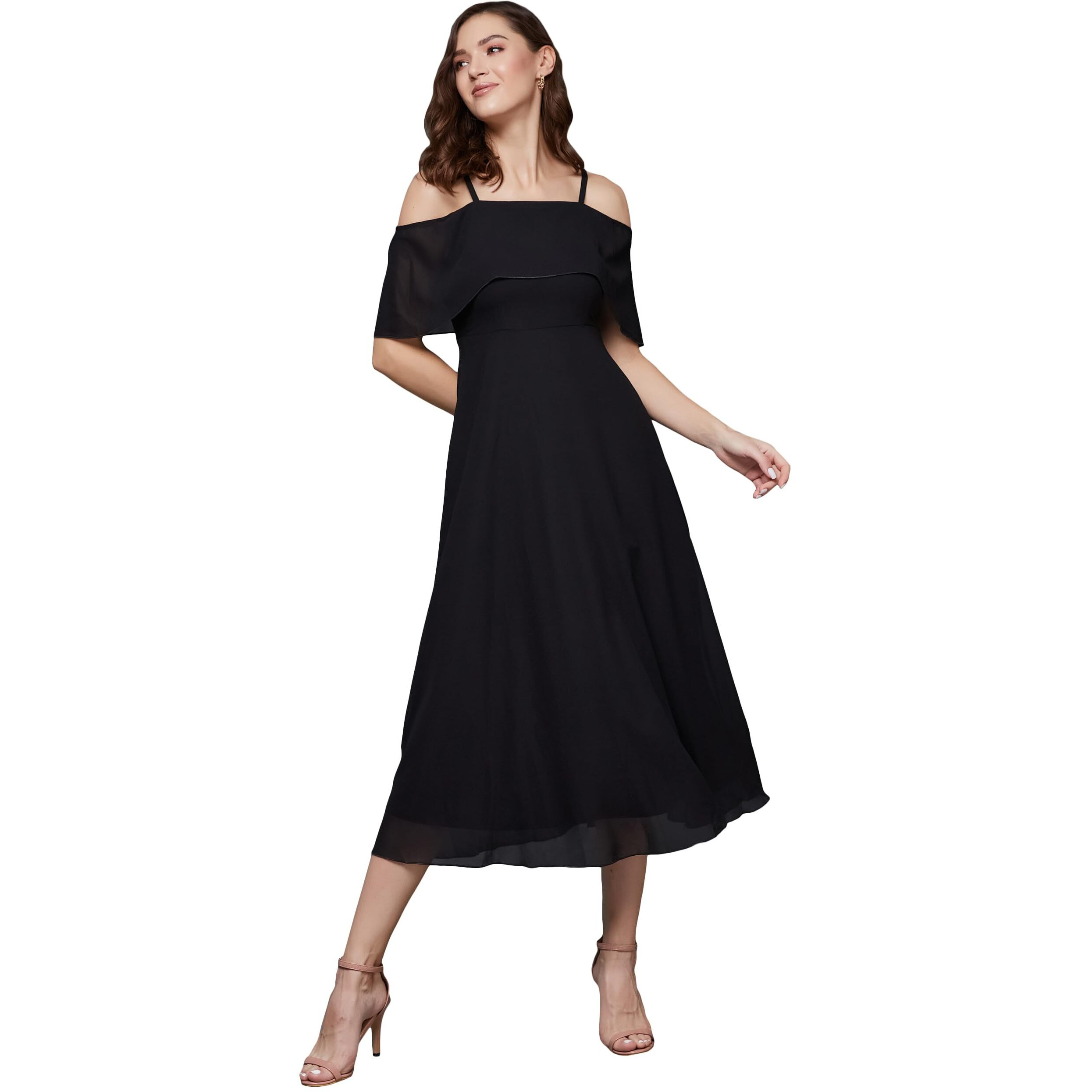 Miss Chase Women's Bardot Style Sleeveless Spaghetti Strap Solid Off Shoulder Midi Skater Dress(Mcss23D98-24-62-05, Black, L)