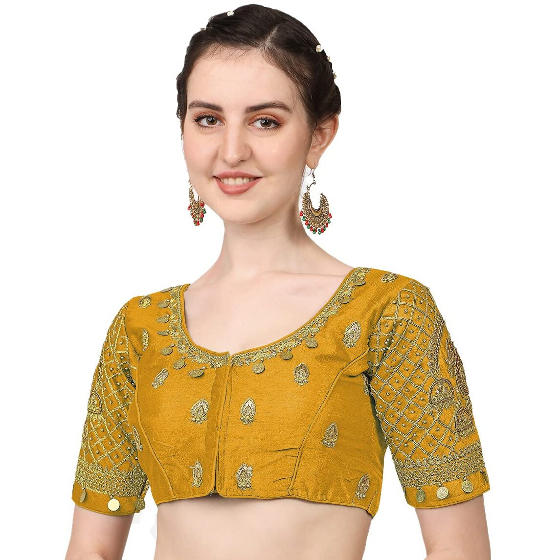 Vihu Fashion Women's Silk Floral Half Sleeve Blouse (Coin Blouse_Yellow_38)