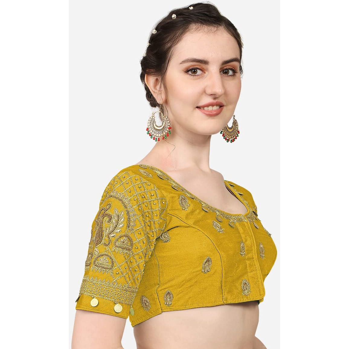 Vihu Fashion Women's Silk Floral Half Sleeve Blouse (Coin Blouse_Yellow_38)