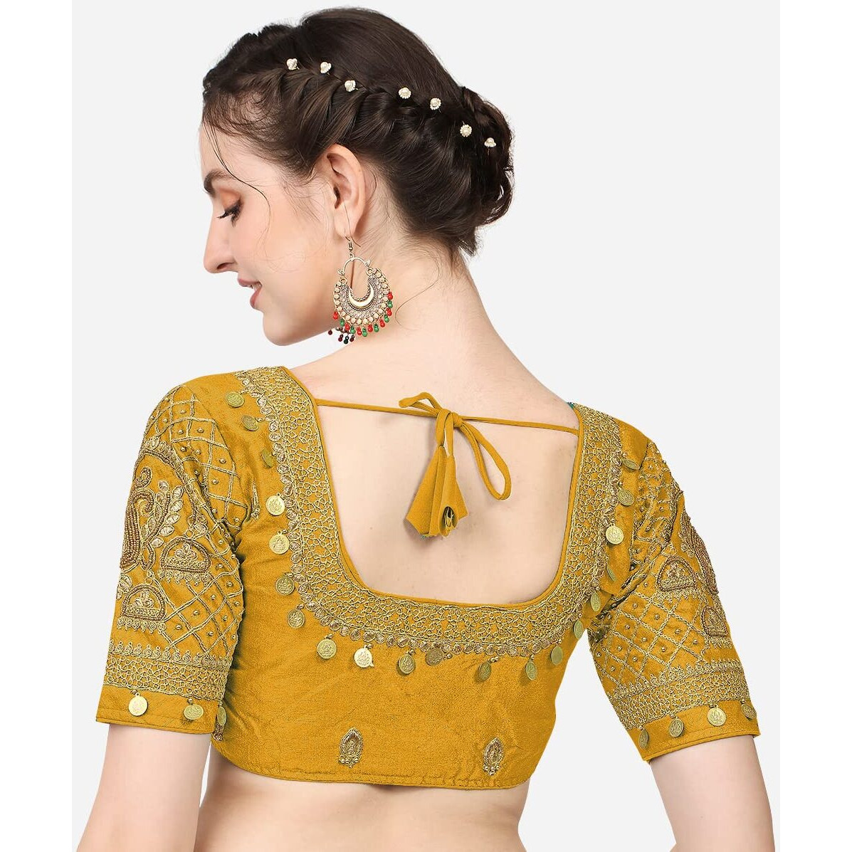 Vihu Fashion Women's Silk Floral Half Sleeve Blouse (Coin Blouse_Yellow_38)