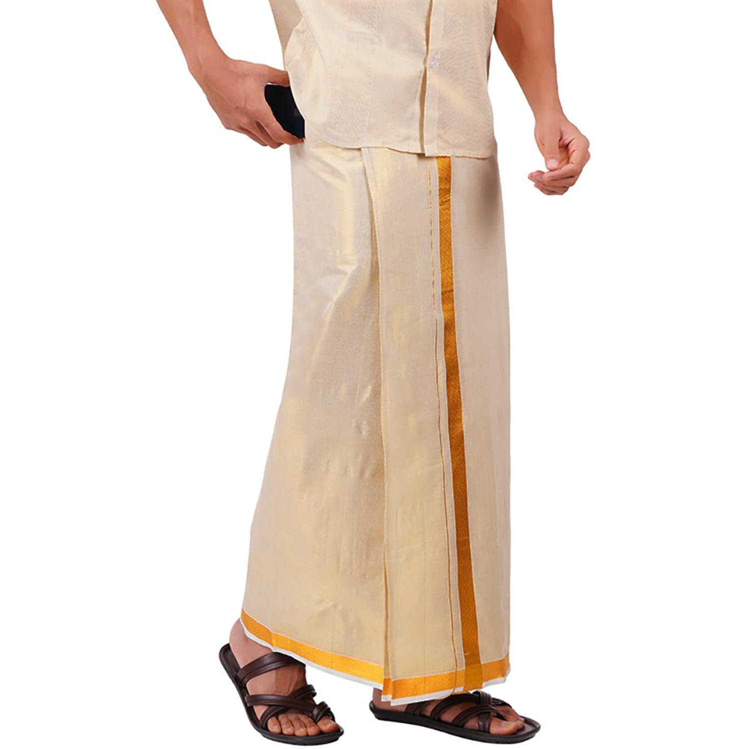 Prakasam Cotton Tissue Gold Readymade Welcro Pocket Jari (50K) Solid Men Dhoti/Tissue 4 Mulam (Single) Readymade Pocket Dhoti