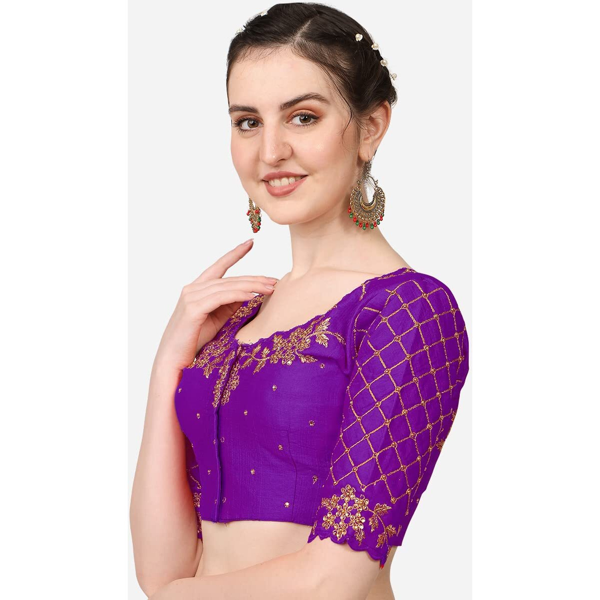 Vihu Fashion Women's Silk Floral Half Sleeve Regular Radhe Blouse 38 Purple