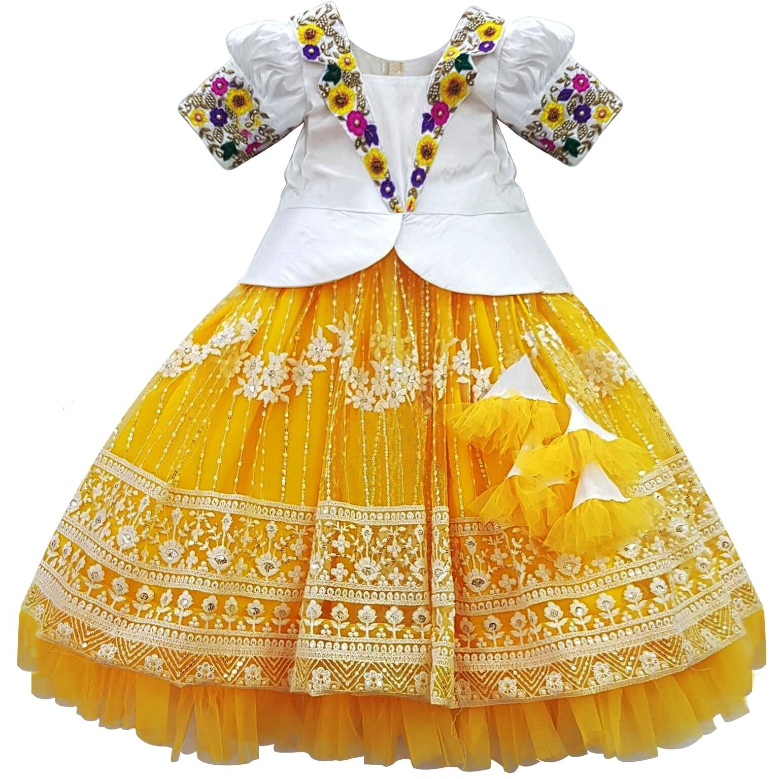 White Button Girls Net Readymade Lehenga Choli (Yellow Collar Net-3-4 Years, White_3 4