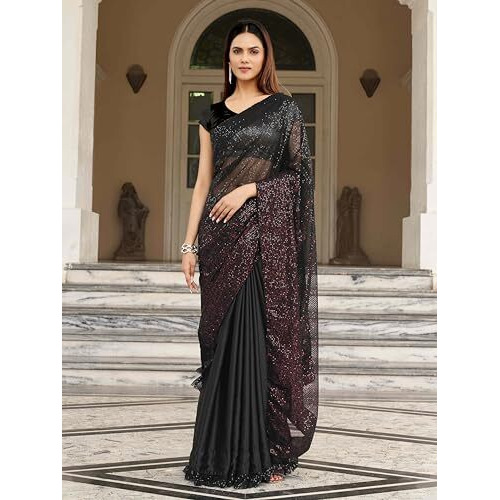 Womanista Women's Sequinns Embroidery Satin Blend Half Saree (Ti5210_Black)