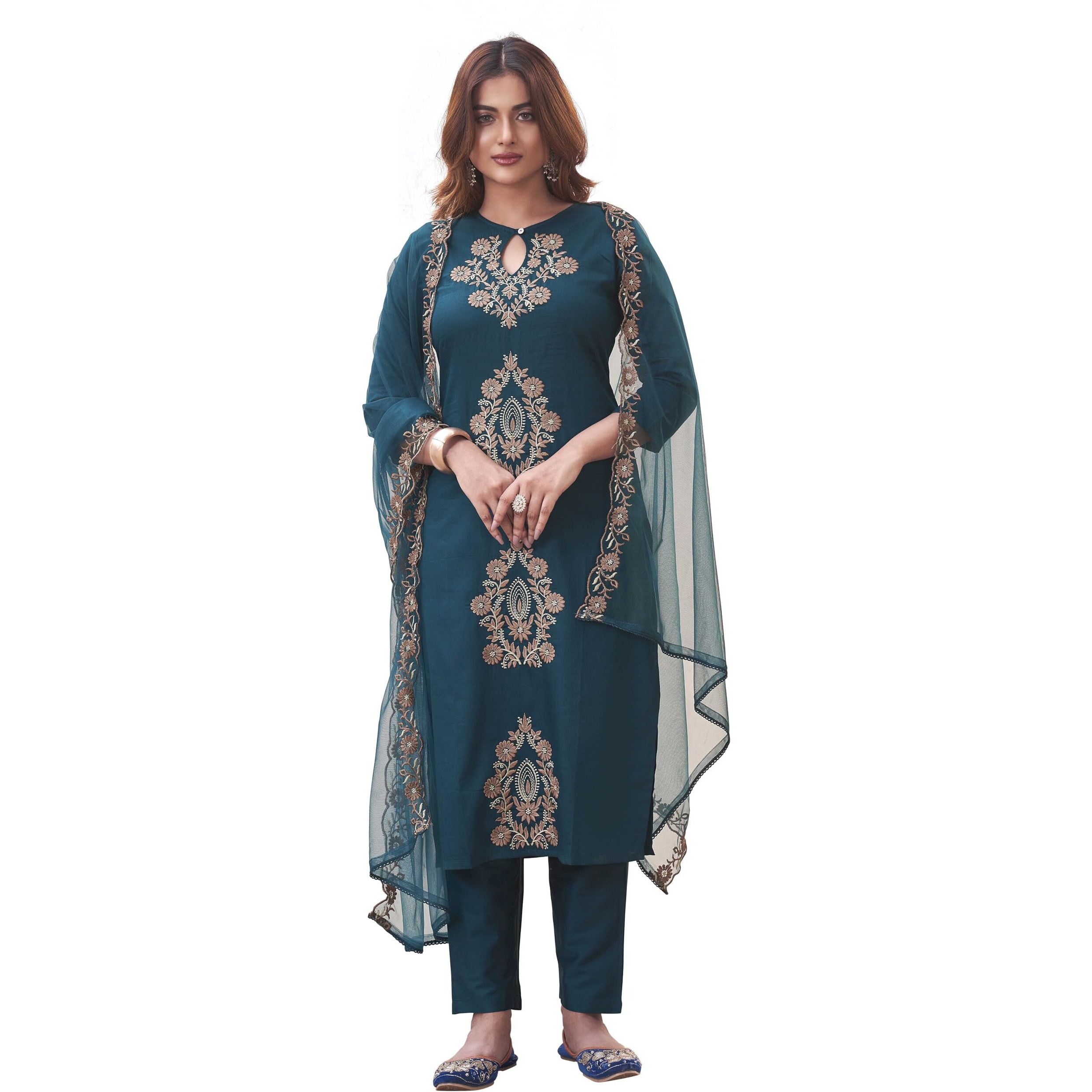 Womanista Women's Cotton Blend Solid Straight Embroidered Kurta Set (Kurtaset_1397_Teal