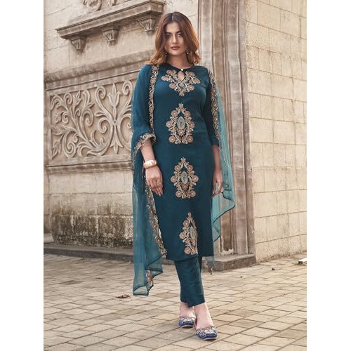 Womanista Women's Cotton Blend Solid Straight Embroidered Kurta Set (Kurtaset_1397_Teal