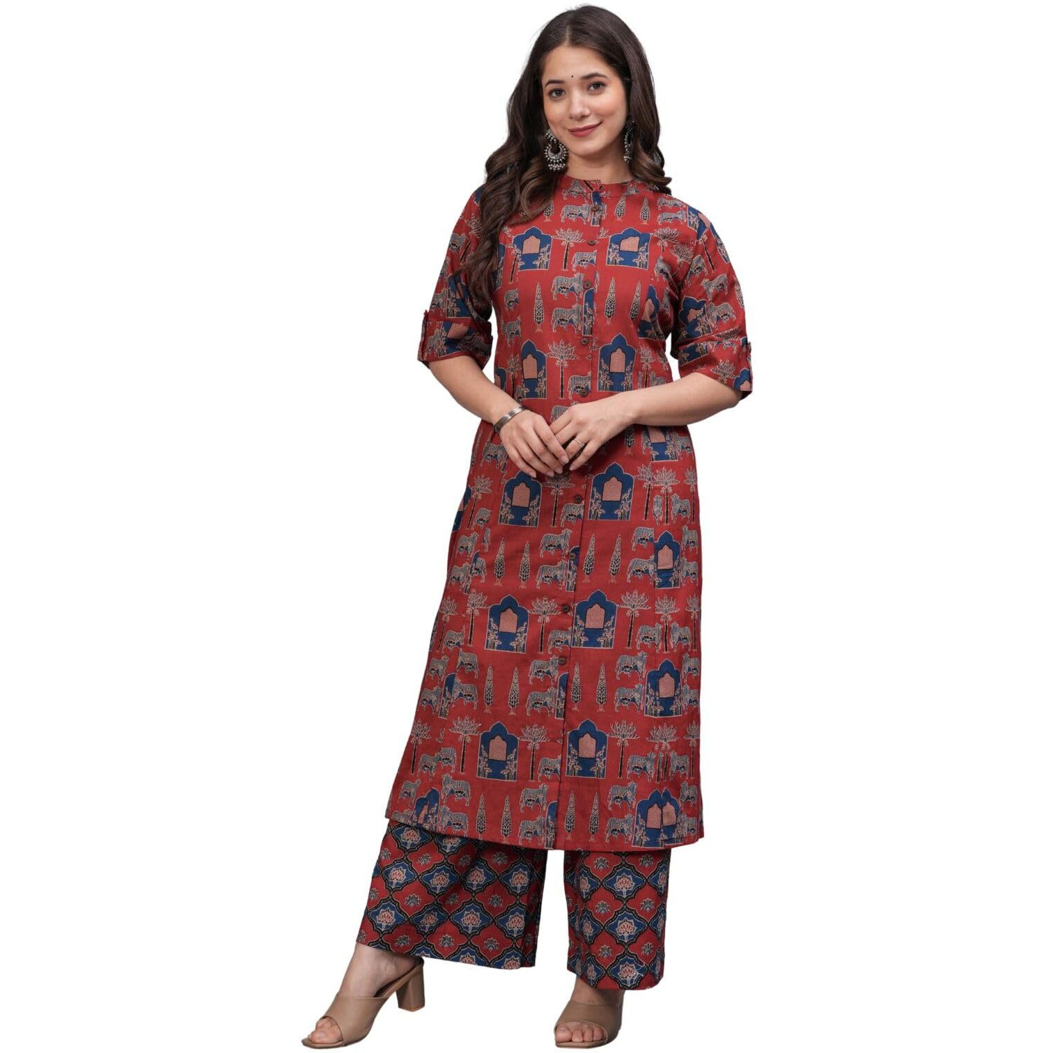 Rytras Women's Pure Cotton Printed A-Line Kurta Set With Palazzo Pants - Ethnic Wear, Maroon(Ryt595,Xl)