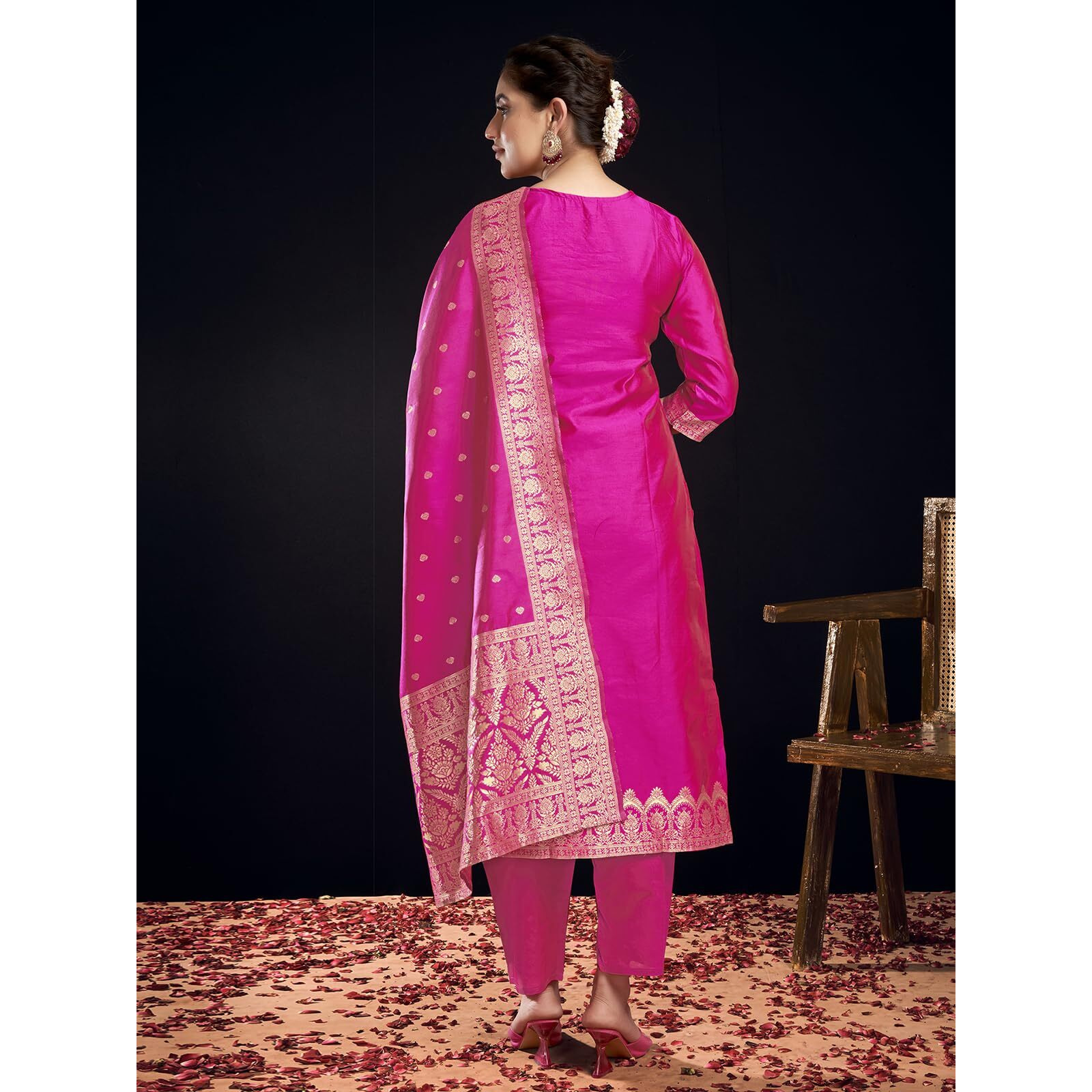 Sanisa Women's Silk Blend Jacquard Work Straight Kurta With Pant And Dupatta Set (217Kbd2301Na-Xxl_Rani Pink & Golden2)