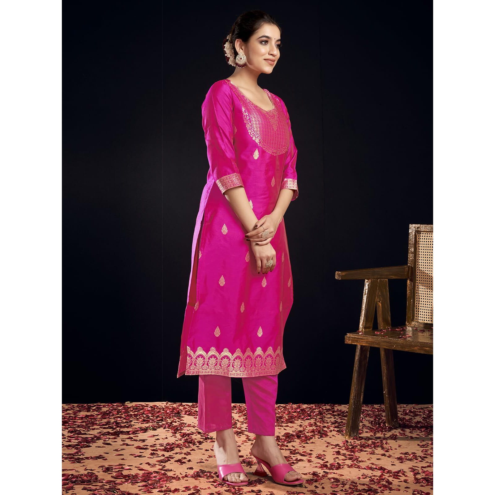 Sanisa Women's Silk Blend Jacquard Work Straight Kurta With Pant And Dupatta Set (217Kbd2301Na-Xxl_Rani Pink & Golden2)