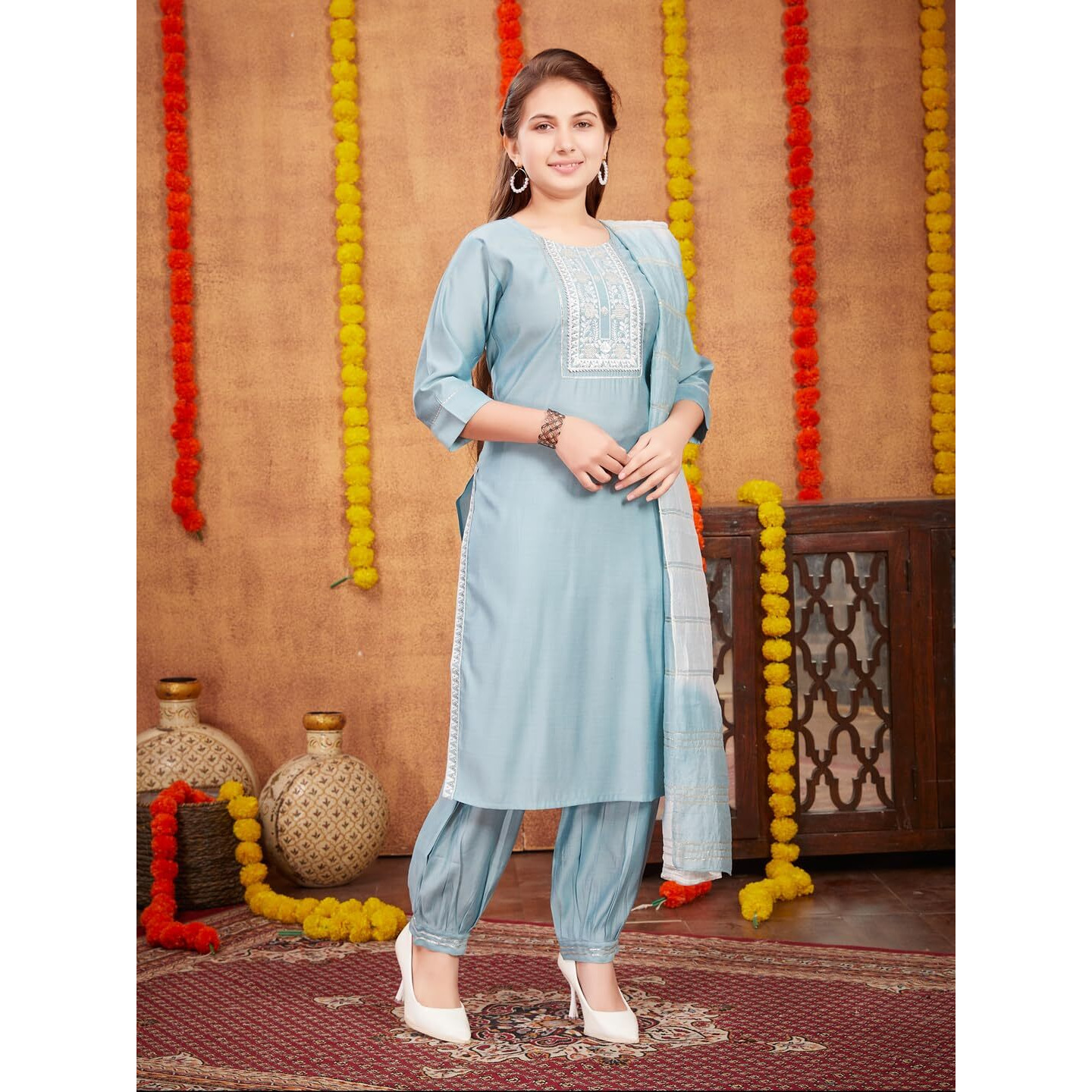 Aarika Girls Ethnic Wear Sky Blue Colour Sequin Thread Embroidery With Gota Work Silk Kurti Patiala Set (9-16 Years)
