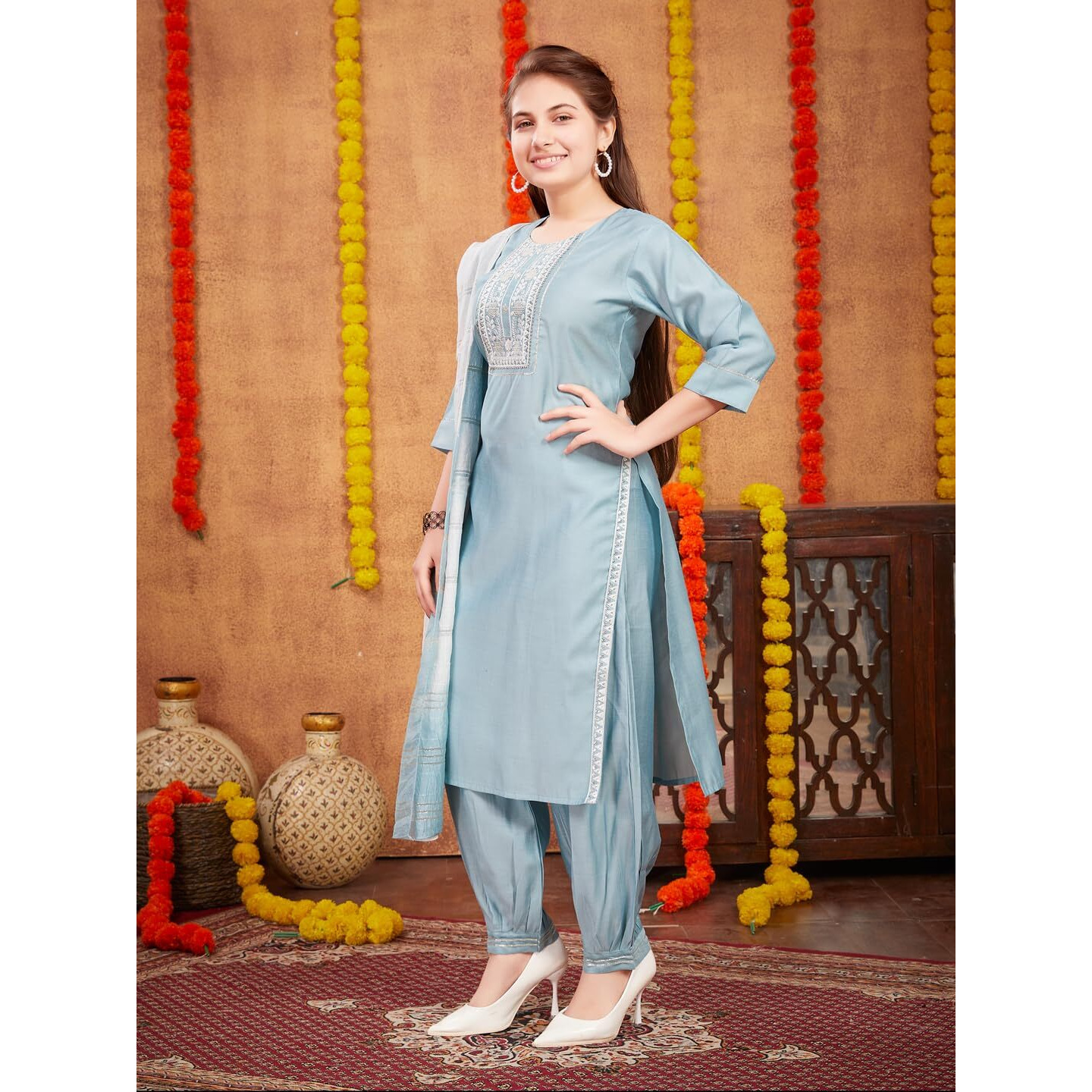 Aarika Girls Ethnic Wear Sky Blue Colour Sequin Thread Embroidery With Gota Work Silk Kurti Patiala Set (9-16 Years)