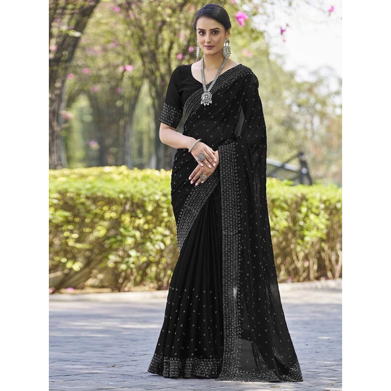 Satrani Women's Georgette Hot Fixing Saree With Unstitched Blouse Piece (3641S115N_Black)