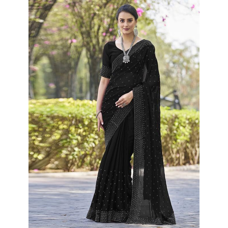 Satrani Women's Georgette Hot Fixing Saree With Unstitched Blouse Piece (3641S115N_Black)