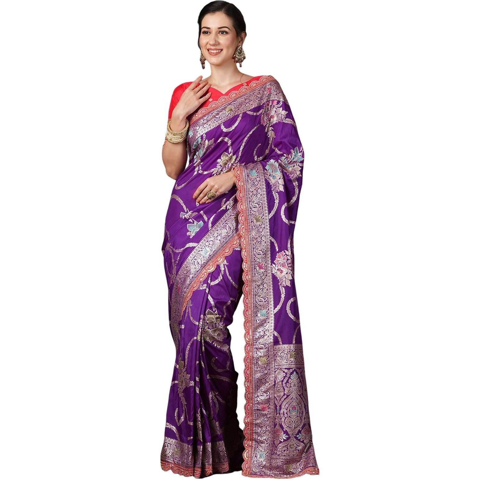 Satrani Women's Silk Blend Banarasi Jacquard Saree With Unstitched Blouse Piece (3800S304N_Deep Violet3)