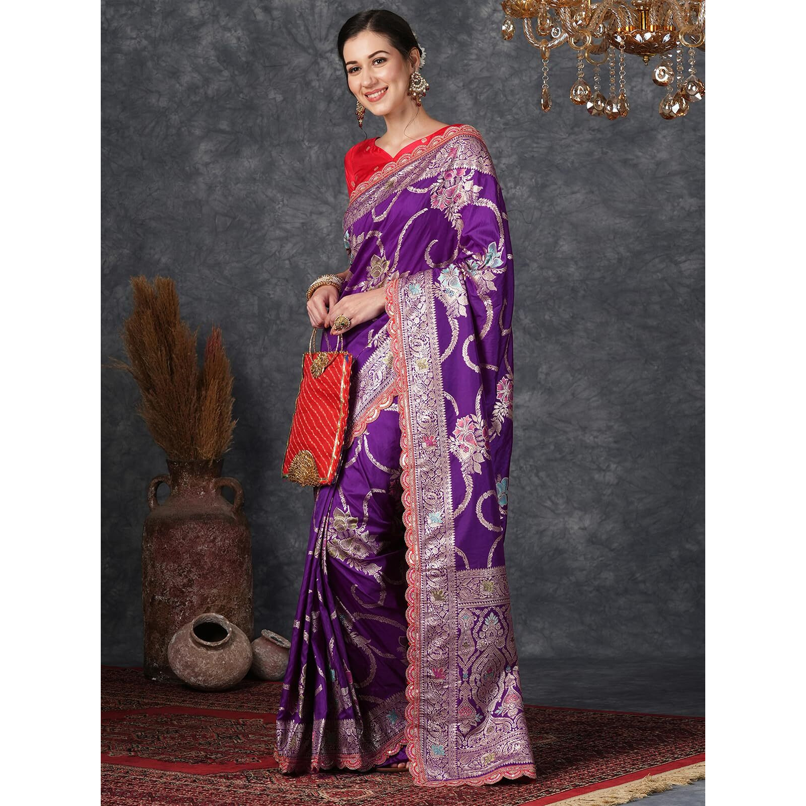 Satrani Women's Silk Blend Banarasi Jacquard Saree With Unstitched Blouse Piece (3800S304N_Deep Violet3)