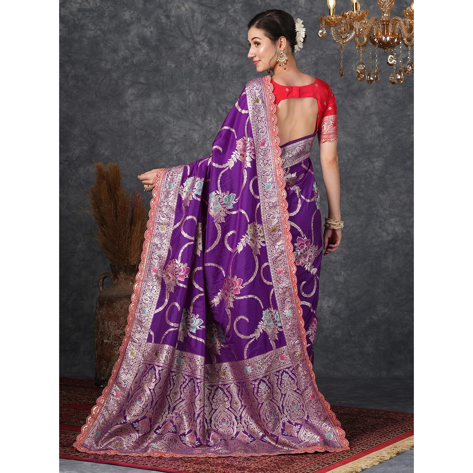 Satrani Women's Silk Blend Banarasi Jacquard Saree With Unstitched Blouse Piece (3800S304N_Deep Violet3)
