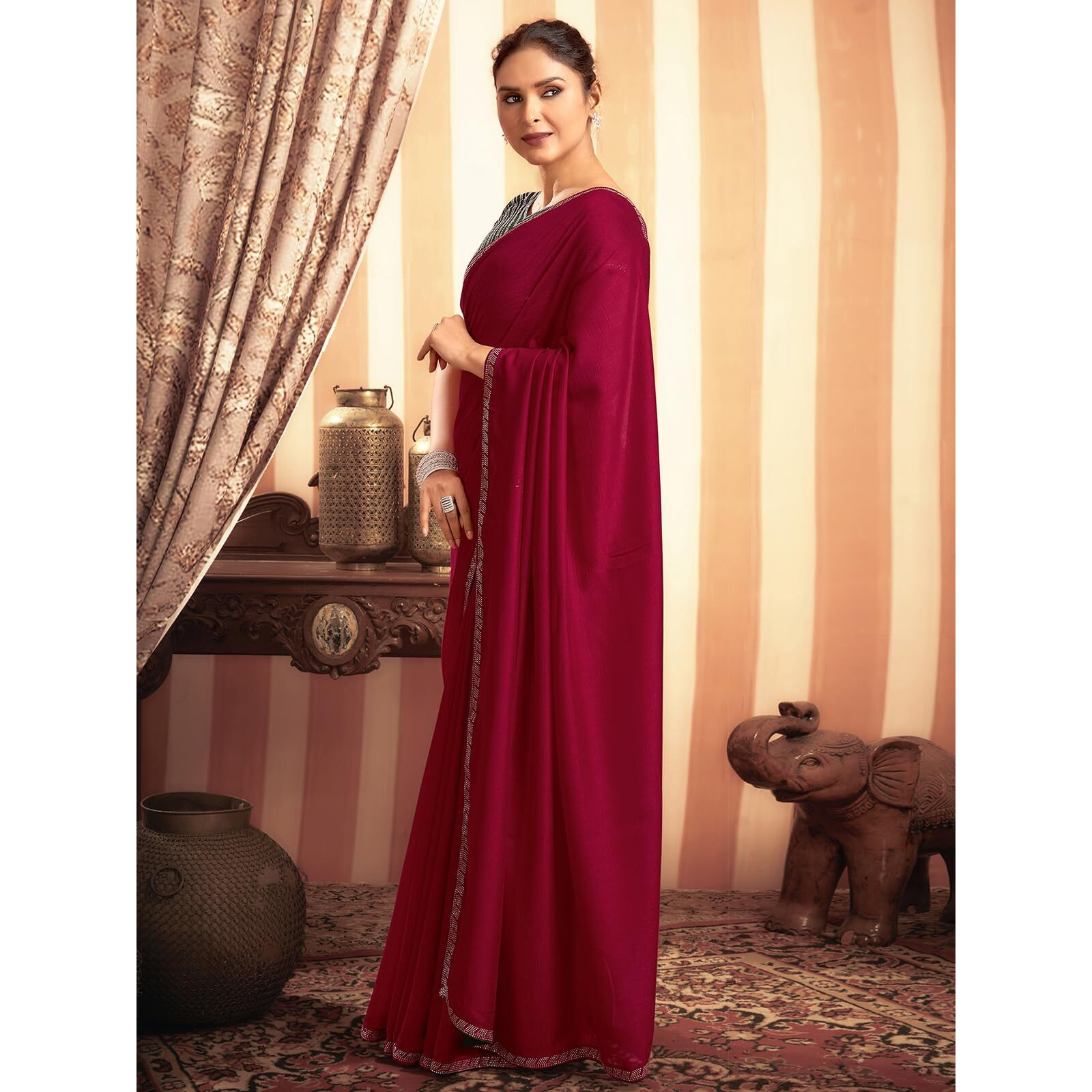 Satrani Women's Vichitra Silk Stone Work And Piping Border Saree With Unstitched Blouse Piece (3916S512N_Cherry Red)